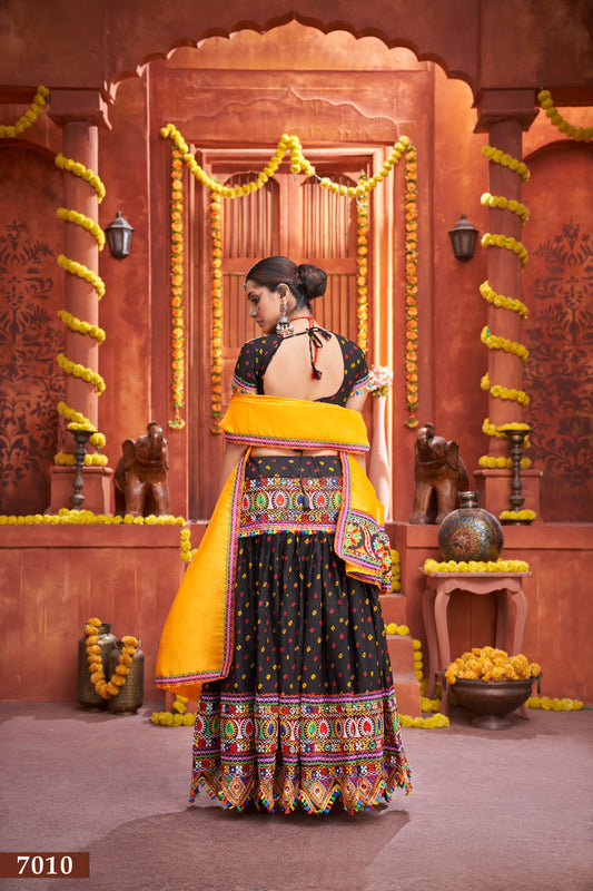 Navratri Special Black Embroidered Lehenga Choli with Yellow Dupatta