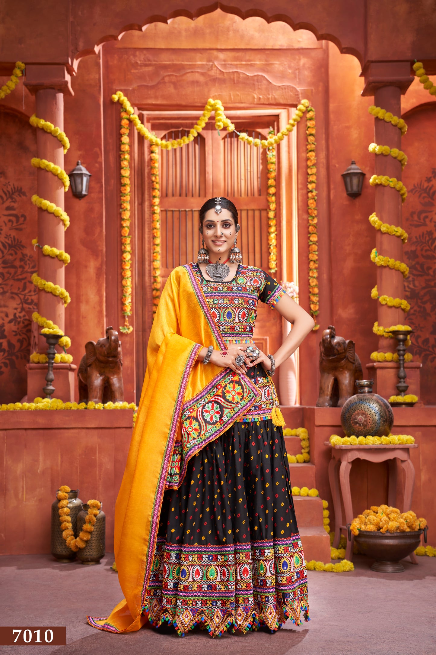 Navratri Special Black Embroidered Lehenga Choli with Yellow Dupatta