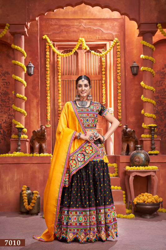 Navratri Special Black Embroidered Lehenga Choli with Yellow Dupatta