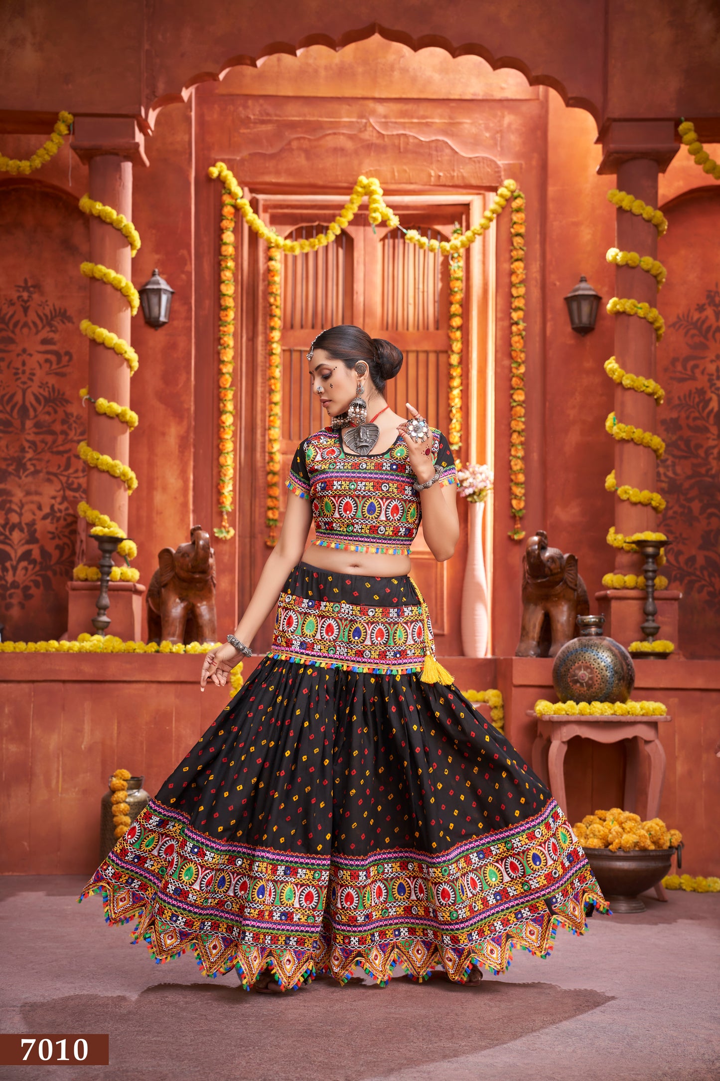 Navratri Special Black Embroidered Lehenga Choli with Yellow Dupatta