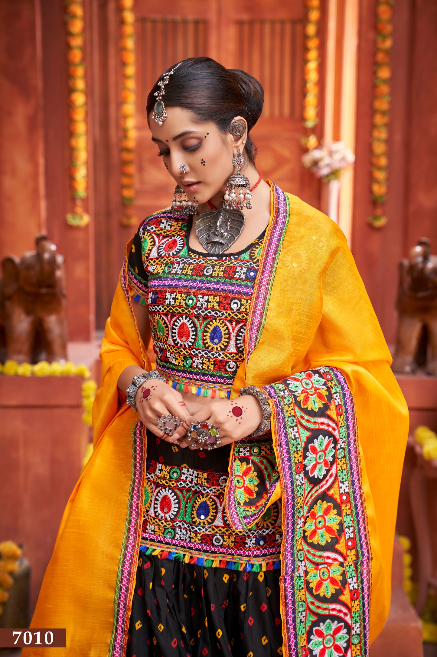Navratri Special Black Embroidered Lehenga Choli with Yellow Dupatta