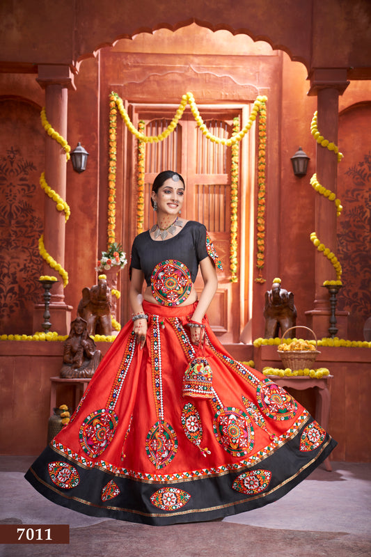 Red & Black Navratri Special Embroidered Chaniya Choli with Mirror Work