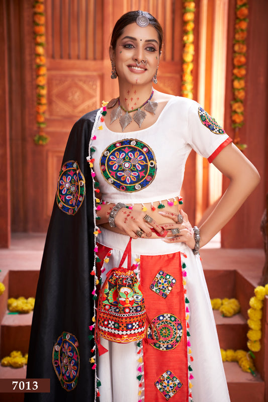 Rajwadi White & Black Navratri Chaniya Choli with Gamthi & Mirror Work