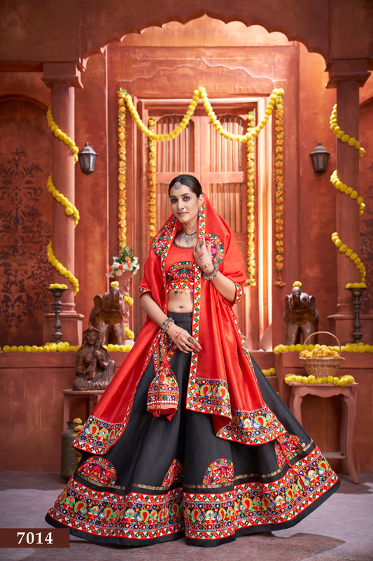 Rajwadi Premium Black & Red Navratri Chaniya Choli – Gamthi Mirror Work Lehenga Set