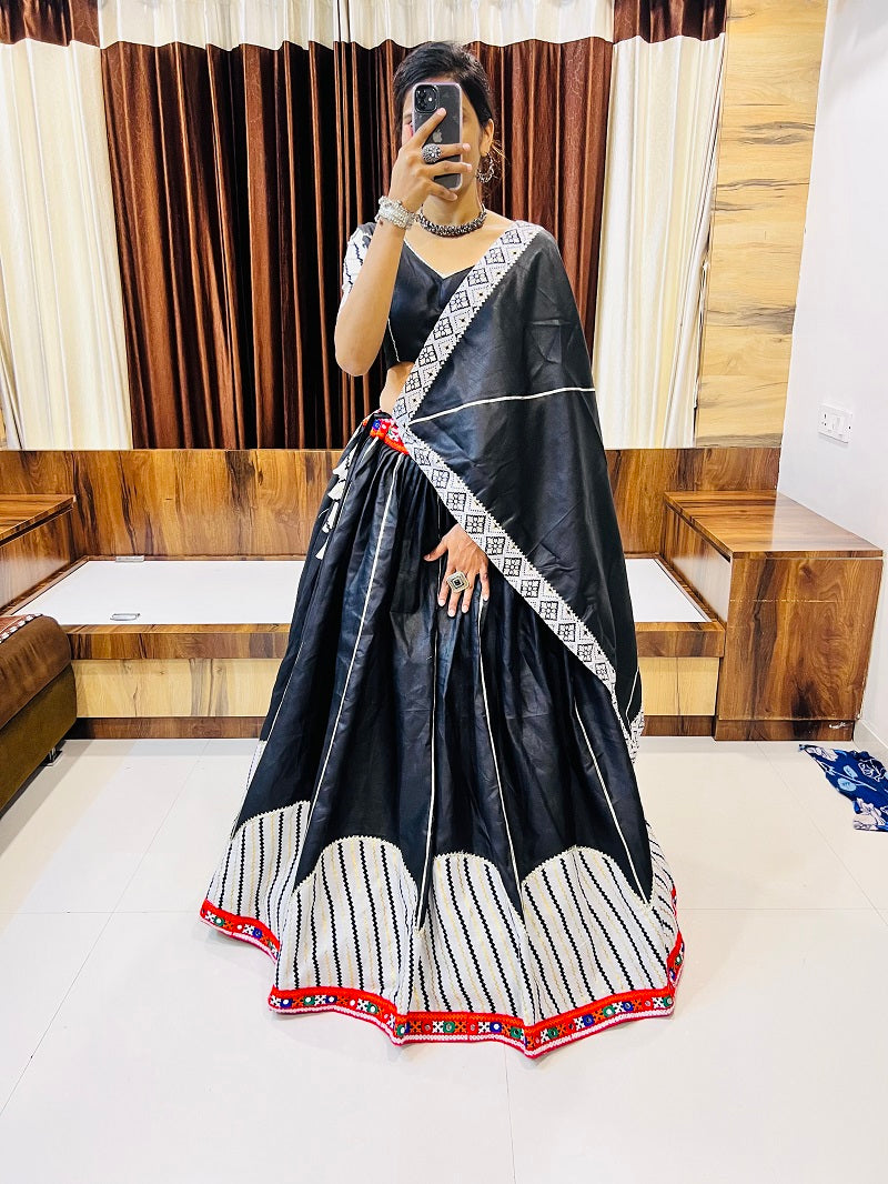 Black Cotton Silk Navratri Chaniya Choli with Gotta Patti & Gamthi Work