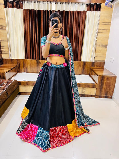 Black Multi-Color Bandhani Navratri Chaniya Choli | Cotton Silk Umbrella Lehenga with Gamthi & Mirror Work