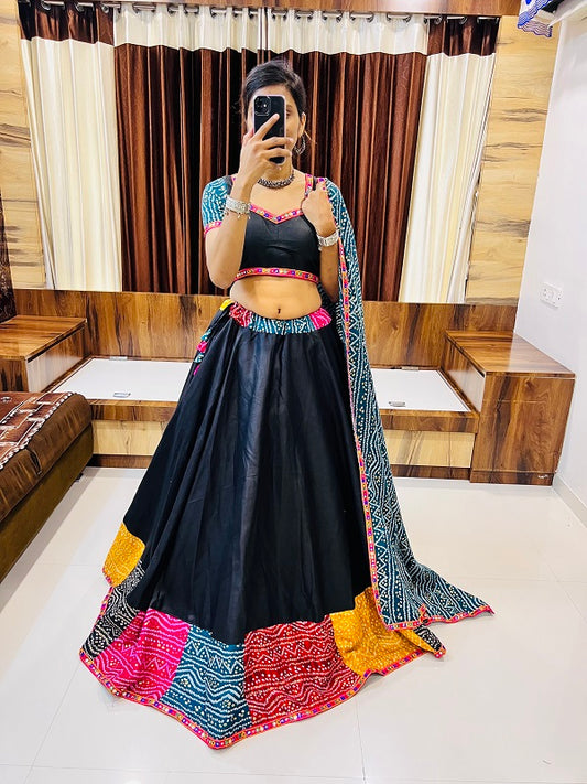 Black Multi-Color Bandhani Navratri Chaniya Choli | Cotton Silk Umbrella Lehenga with Gamthi & Mirror Work