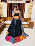 Black Multi-Color Bandhani Navratri Chaniya Choli | Cotton Silk Umbrella Lehenga with Gamthi & Mirror Work