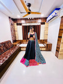 Black Multi-Color Bandhani Navratri Chaniya Choli | Cotton Silk Umbrella Lehenga with Gamthi & Mirror Work