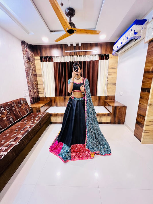 Black Multi-Color Bandhani Navratri Chaniya Choli | Cotton Silk Umbrella Lehenga with Gamthi & Mirror Work