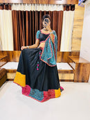 Black Multi-Color Bandhani Navratri Chaniya Choli | Cotton Silk Umbrella Lehenga with Gamthi & Mirror Work