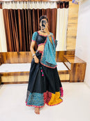 Black Multi-Color Bandhani Navratri Chaniya Choli | Cotton Silk Umbrella Lehenga with Gamthi & Mirror Work