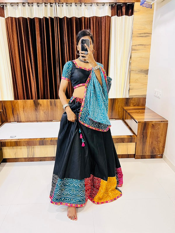 Black Multi-Color Bandhani Navratri Chaniya Choli | Cotton Silk Umbrella Lehenga with Gamthi & Mirror Work