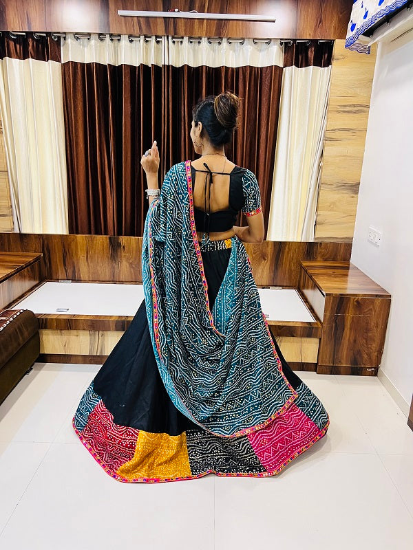 Black Multi-Color Bandhani Navratri Chaniya Choli | Cotton Silk Umbrella Lehenga with Gamthi & Mirror Work