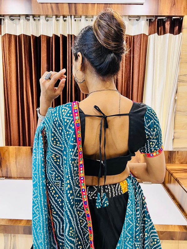Black Multi-Color Bandhani Navratri Chaniya Choli | Cotton Silk Umbrella Lehenga with Gamthi & Mirror Work