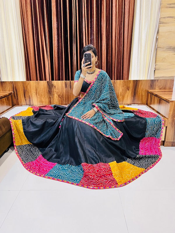 Black Multi-Color Bandhani Navratri Chaniya Choli | Cotton Silk Umbrella Lehenga with Gamthi & Mirror Work