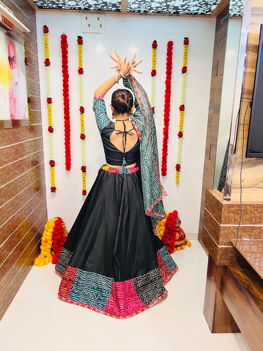 Designer Black Bandhani Navratri Lehenga Choli with Multicolor Patch Work & Dupatta