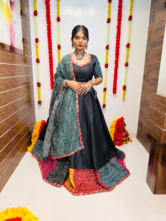 Designer Black Bandhani Navratri Lehenga Choli with Multicolor Patch Work & Dupatta