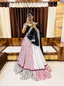 Rajwadi White & Multicolor Stripe Navratri Chaniya Choli with Black Blouse & Dupatta