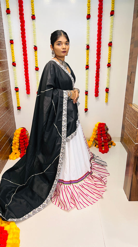 Rajwadi White & Multicolor Stripe Navratri Chaniya Choli with Black Blouse & Dupatta