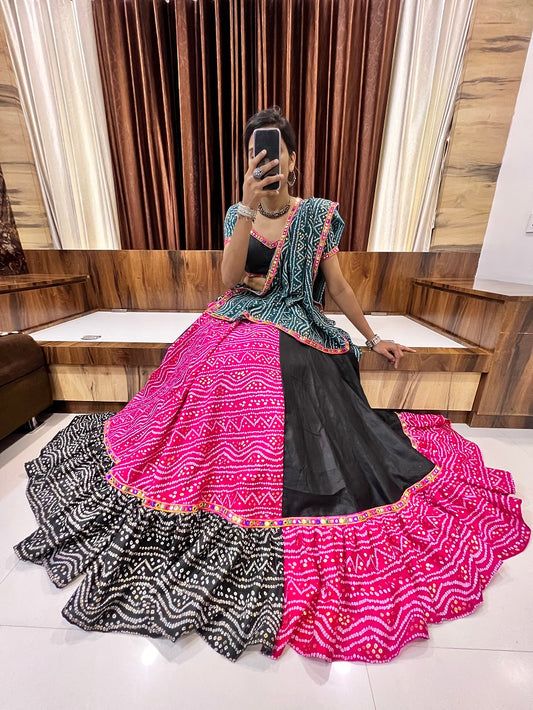 Bandhani Navratri Chaniya Choli – Black & Pink Cotton Silk Lehenga with Bandhej Dupatta