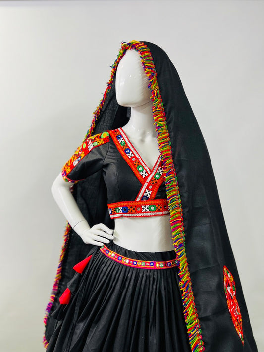 Black Cotton Silk Navratri Chaniya Choli with Gamthi & Mirror Work