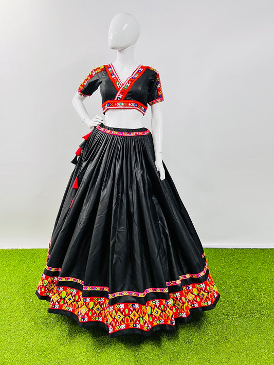 Black Cotton Silk Navratri Chaniya Choli with Gamthi & Mirror Work