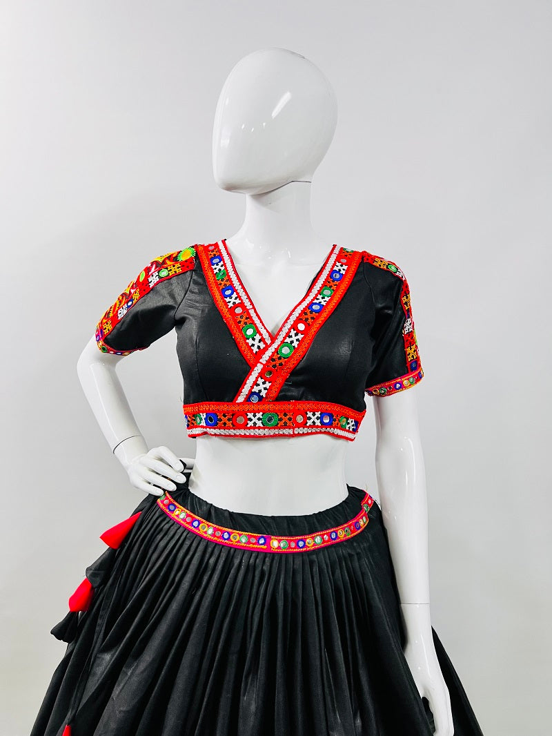 Black Cotton Silk Navratri Chaniya Choli with Gamthi & Mirror Work