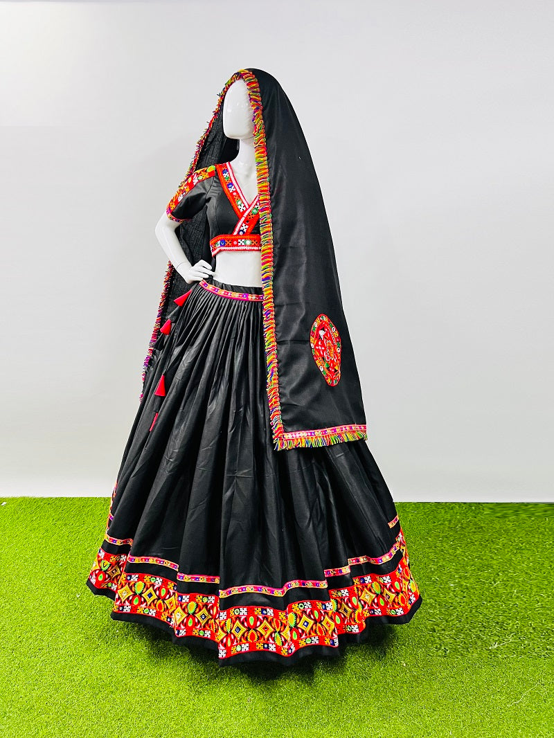Black Cotton Silk Navratri Chaniya Choli with Gamthi & Mirror Work