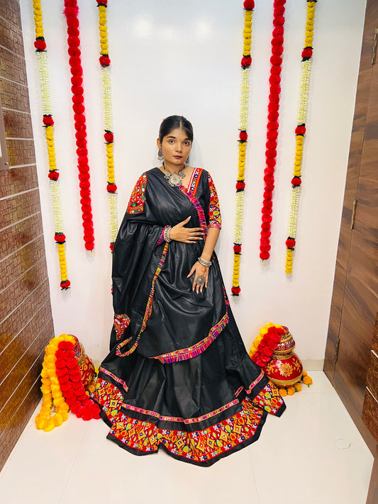 Black Gamthi Work Navratri Chaniya Choli with Multicolor Embroidered Border