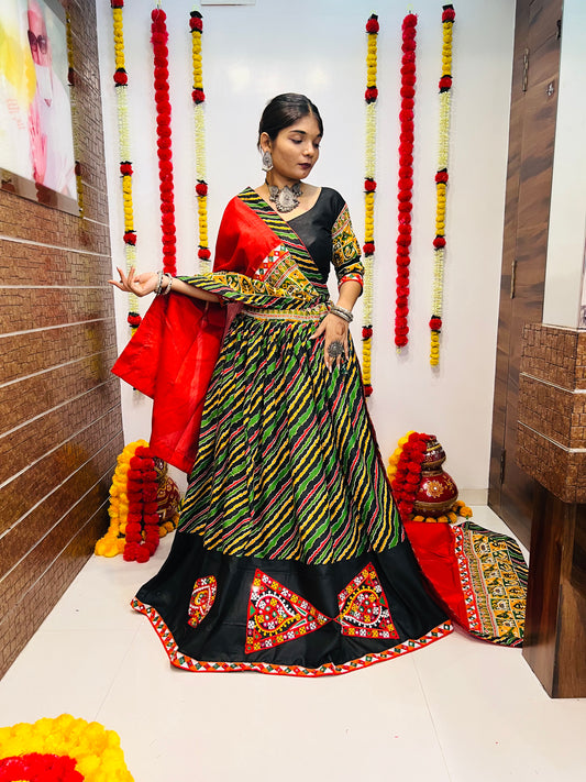 Rajwadi Black Multicolor Gamthi Work Navratri Chaniya Choli with Red Dupatta