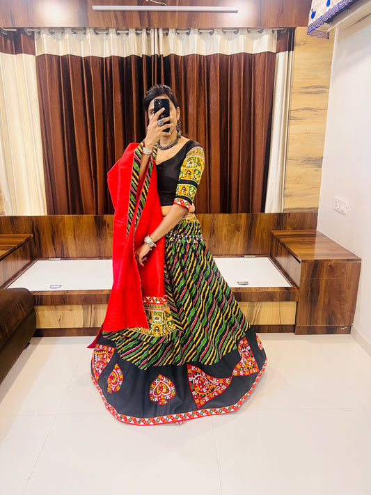 Rajwadi Black Multicolor Gamthi Work Navratri Chaniya Choli with Red Dupatta