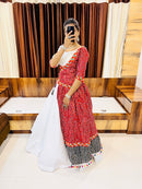 Rajwadi Navratri Red & White Printed Gamthi Chaniya Choli