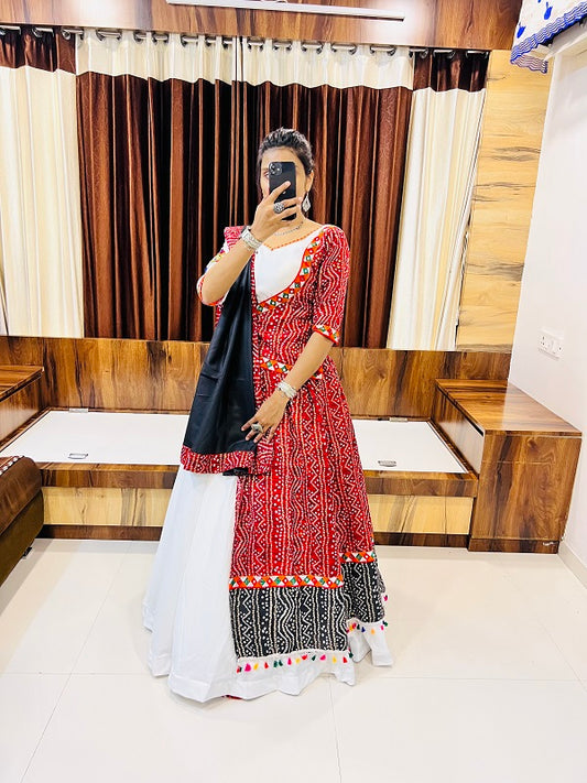 Rajwadi Navratri Red & White Printed Gamthi Chaniya Choli