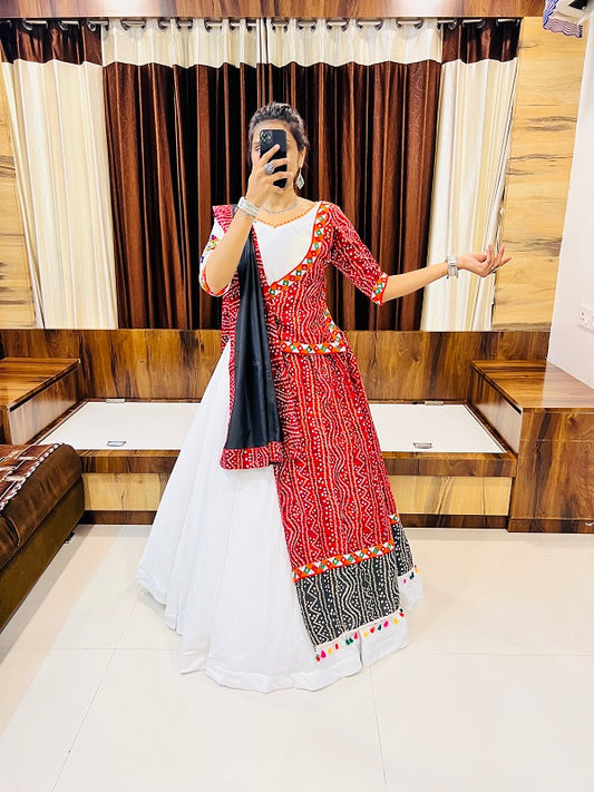 Rajwadi Navratri Red & White Printed Gamthi Chaniya Choli