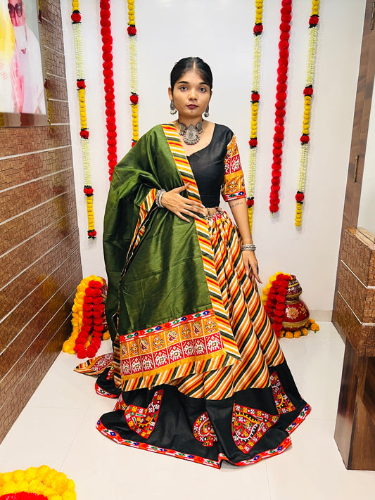 Designer Green & Multicolor Gamthi Work Navratri Lehenga Choli with Black Blouse