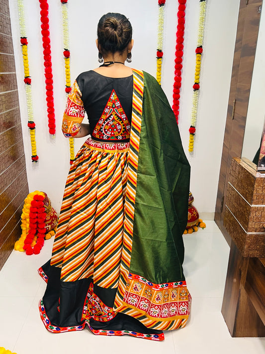 Designer Green & Multicolor Gamthi Work Navratri Lehenga Choli with Black Blouse