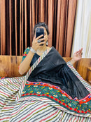 Traditional Rajwadi Navratri Chaniya Choli – Black & Ivory Striped Cotton Silk with Gamthi & Mirror Work