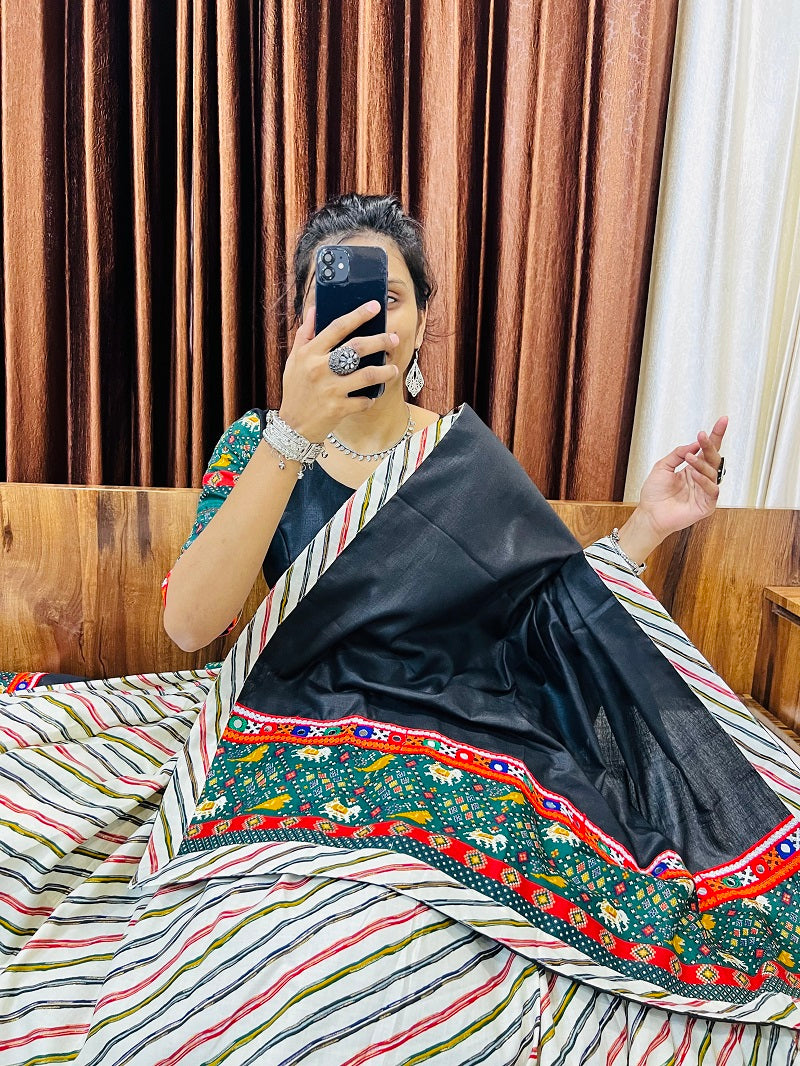 Traditional Rajwadi Navratri Chaniya Choli – Black & Ivory Striped Cotton Silk with Gamthi & Mirror Work