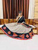 Traditional Rajwadi Navratri Chaniya Choli – Black & Ivory Striped Cotton Silk with Gamthi & Mirror Work