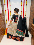 Traditional Rajwadi Navratri Chaniya Choli – Black & Ivory Striped Cotton Silk with Gamthi & Mirror Work