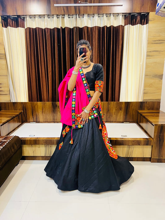Elegant Black & Pink Navratri Lehenga Choli with Mirror Work