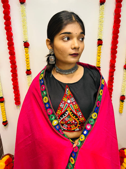 Elegant Black & Pink Navratri Lehenga Choli with Mirror Work
