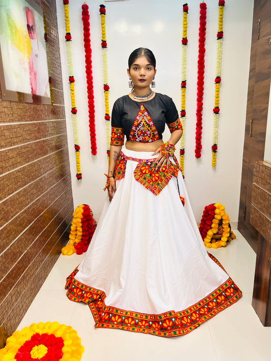 Elegant Black & White Navratri Chaniya Choli with Mirror & Gamthi Embroidery Work – Festive Garba Special