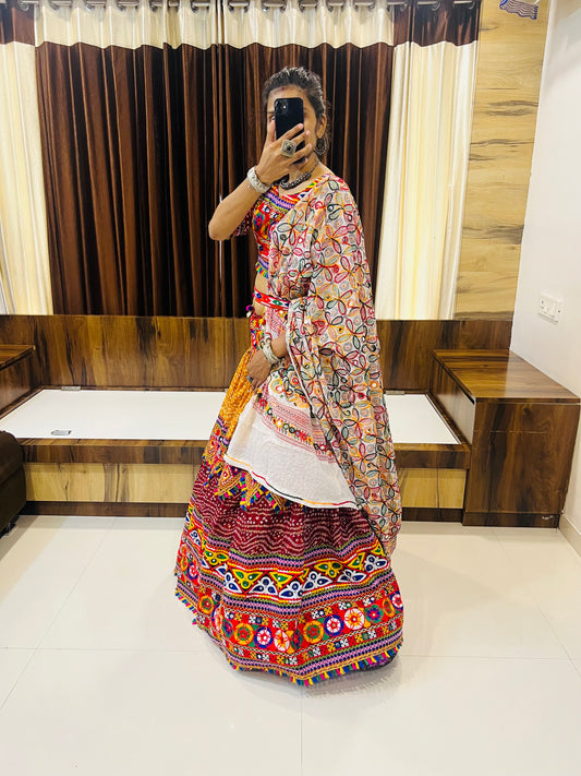 Designer Multicolor Bandhani & Mirror Work Chaniya Choli with Embroidered Dupatta – Navratri Special