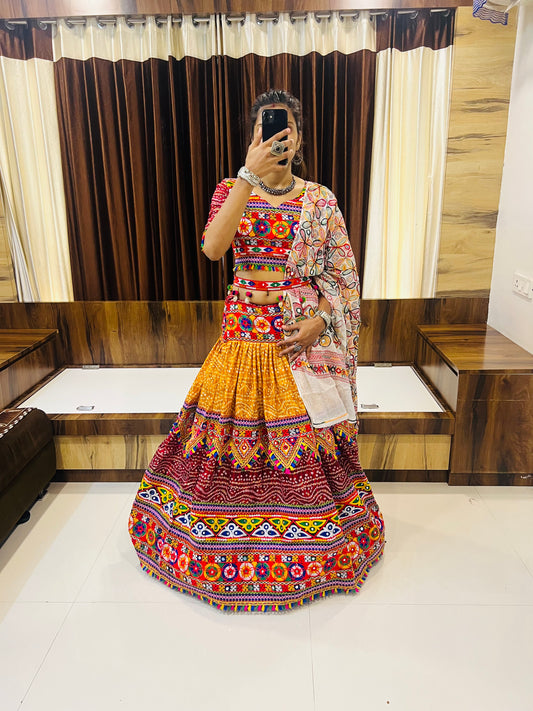 Designer Multicolor Bandhani & Mirror Work Chaniya Choli with Embroidered Dupatta – Navratri Special