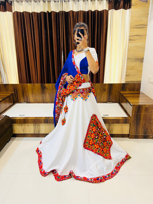 Vibrant White & Blue Navratri Lehenga Choli with Multi-Color Embroidery