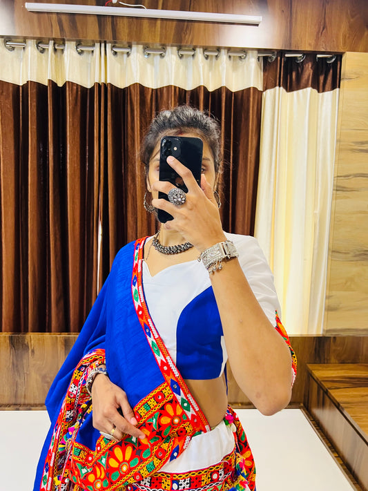 Vibrant White & Blue Navratri Lehenga Choli with Multi-Color Embroidery