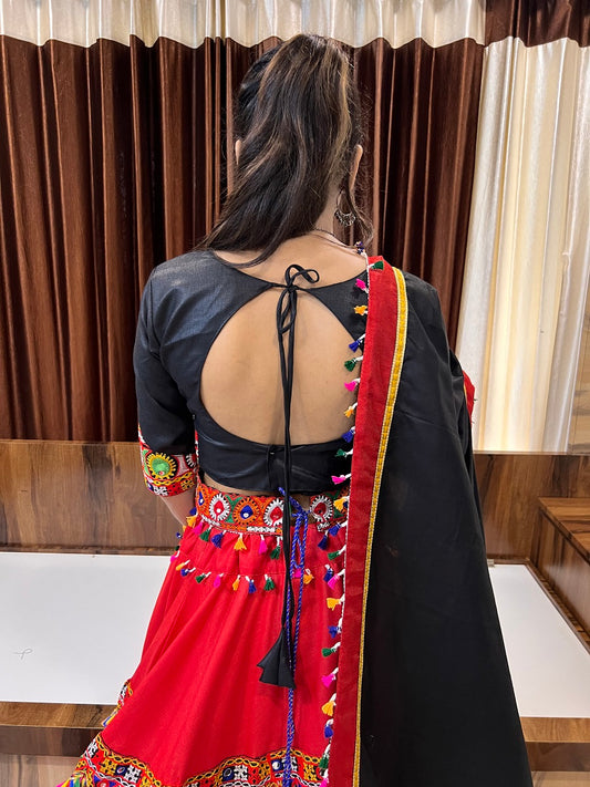 Navratri Special Black & Red Gamthi Mirror Work Chaniya Choli with Heart Motif Design