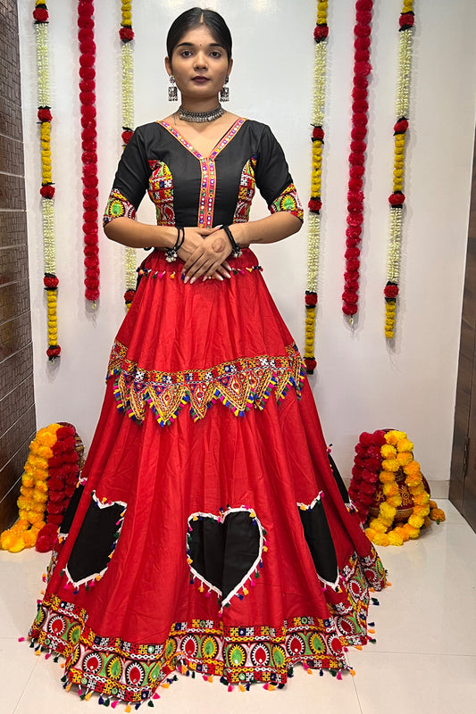 Navratri Special Black & Red Gamthi Mirror Work Chaniya Choli with Heart Motif Design